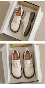 Detail of beige leather Mary Jane loafers with double gold buckles and thick rubber soles
