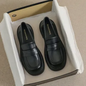 Mocasines de Plataforma Estilo Británico Vintage para Mujer Tacón Grueso Cuero de Microfibra Punta Redonda Suela Blanda Zapatos