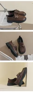 Detail view showing deep brown platform loafers with double buckles from multiple angles