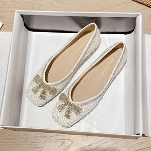 Eleganti Scarpe Basse da Donna con Fiocco in Strass Paillettes Scintillanti Punta Quadrata Appuntita per Matrimonio Festa