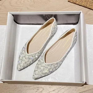 Zapatos Planos Elegantes para Mujer con Punta Estrecha y Cuadrada Parte Superior de Microfibra Decoración de Strass y Perlas Artificiales Mocasines