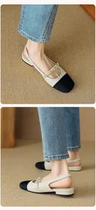 Detail of square toe slingback flats with pearl strap and elegant contrast stitching