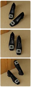 Detail of black suede square toe pumps with a sparkling rhinestone buckle and block heel