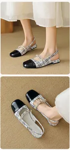 Detail of tweed Mary Jane shoes featuring pearl and rhinestone strap decoration