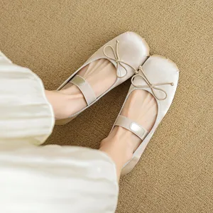 Dames Satijn Mary Jane Ballet Flats Vintage Strik Elastische Band Vierkante Neus Comfort Platte Lage Schoenen Voor Dagelijks Feest