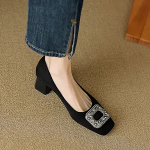Classic black suede pumps for women with elegant square rhinestone buckle and sturdy block heel