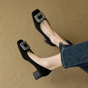 Elegant black square-toe block heel pumps with luxury rhinestone buckle for women