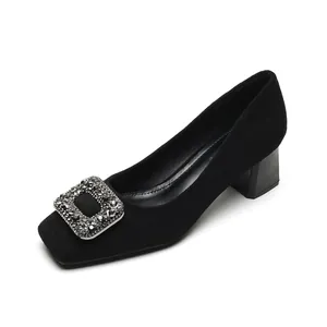 Elegant black suede square toe block heel pumps with sparkling crystal buckle