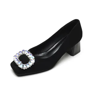 Elegant black square toe chunky heel pumps with sparkling rhinestone buckle decoration