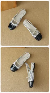 Detailed view of tweed Mary Jane flats with pearl strap and glossy black square toe