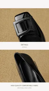 Dettaglio macro di scarpa in vernice nera con fibbia quadrata e cuciture di precisione