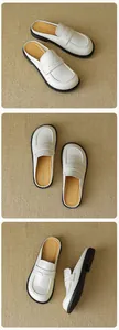 Detailed views of white leather mule sandals with star pattern and non-slip rubber soles