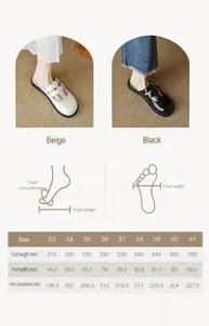 Size chart for closed toe mule sandals with foot length and width measurements in mm