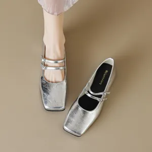 Silberne Mary Jane Ballerinas mit eckiger Zehenpartie und doppelten Riemen