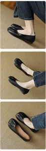 Detailed views of black pleated round-toe ballet flats with comfortable soft soles