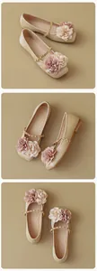 Detail of champagne square toe ballet flats featuring 3D fabric flowers and gold chain strap