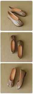 Three-angle views showing retro brown pleated round-toe flat shoes with soft insoles