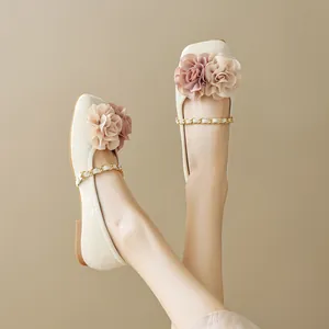 Square toe flat ballet shoes in cream with chiffon flower and gold metal chain strap