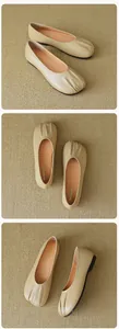 Macro detail of beige round toe flat shoes with pleated design and soft leather texture
