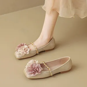 French style apricot square toe flat shoes with delicate 3D flowers and gold chain strap