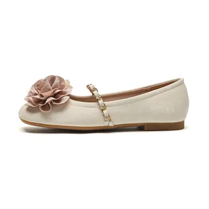 Elegant beige square-toe ballet flats with floral detail and gold chain strap