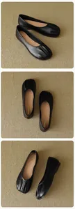 Detailed views of black leather Mary Jane flats with pleated round toe and soft sole