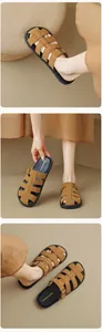Detail of khaki woven fisherman sandals featuring adjustable metal buckles and thick black soles