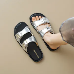 Ciabatte da Donna Retro con Fibbia in Argento in Microfibra Pelle Sandali Piatti Spiaggia Estivi Comodi Suola in Gomma