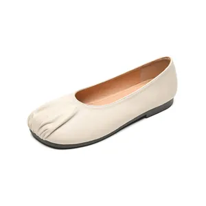 Minimalist beige pleated round-toe ballet flats for women with soft sole and retro style