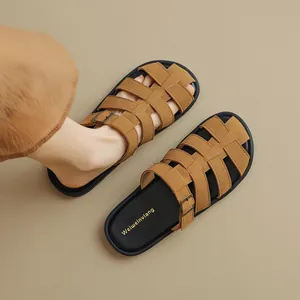 Retro woven brown matte leather fisherman sandals with adjustable metal buckle for women