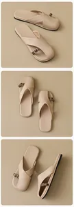 Detailansicht der beigen Sandalen mit eckiger Zehenpartie, Kreuzriemen und Metallschnallen