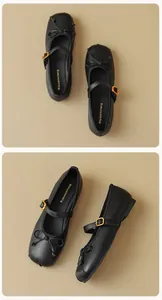 Detailansicht schwarzer matter Ballerinas mit kleiner Schleife und verstellbarem Riemen