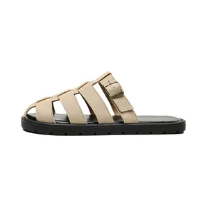 Retro beige suede woven fisherman sandals with adjustable bronze buckle and thick rubber sole