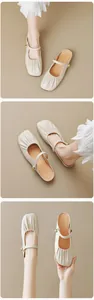 Detail of off-white pointed toe mule with elegant pleats and golden bead buckle strap