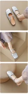 Macro view of silver pointed-toe mules featuring pleated details and golden ball buckles