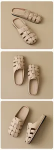 Detailed close-up views of the woven beige mule slippers with intricate cut-out patterns