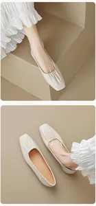 Detailed view of the square-toe ballet flats with soft pleated leather and cushioned insoles