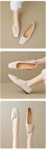Close-up of pleated square toe design on cream leather ballet flats for women
