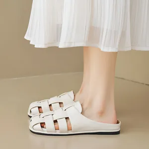 French style beige woven pointed toe flat mule shoes with cross-strap hollow design