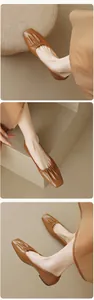 Detail of brown leather ballet flats with hand-pleated square toe and soft sole