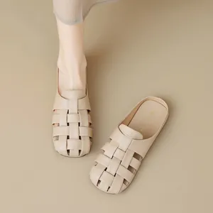Elegant beige woven pointed toe mule slippers for women with high-quality soft sole