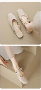 Detail of champagne satin square-toe mules featuring a sparkling crystal buckle ornament