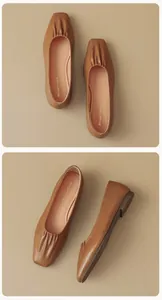 Close-up of brown square-toe ballet flats with pleated leather and soft flat soles