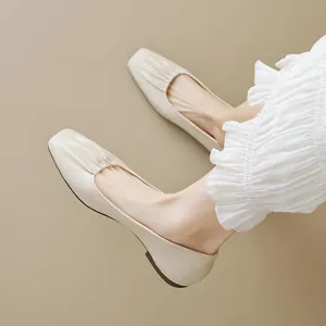 Elegant beige square toe flat shoes with soft leather and pleated details for women