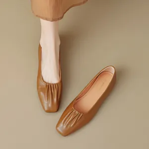 Classic caramel brown square toe flat shoes with elegant gathered pleats and soft soles