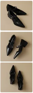 Detalles de zapatos Mary Jane negros de punta fina con correas ajustables y tacón cuadrado