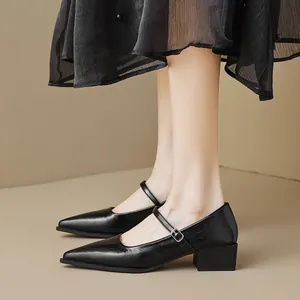 Elegantes zapatos Mary Jane negros con punta fina, tacón bajo de bloque y hebilla plata