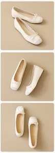 Detalle de bailarinas beige con punta cuadrada y un lazo decorativo elegante