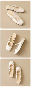 Detalle de zapatos planos de punta cuadrada con lazo y hebilla metálica ajustable