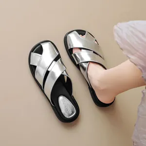 Damen Kreuzriemen Flache Sandalen Mules Minimalistisch Mikrofaser-Leder Römischer Stil Open Toe Slip On Slides Für Casual Strand Urlaub Sommer Schuhe